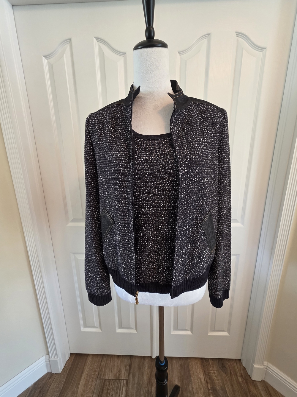 St John Sport Vintage Wool Blend Zip Cardigan Shell Set Black Flecked Size P/S